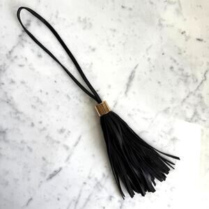 Black Faux Leather Tassel Bag Charm Keychain Accessory Gold Accent